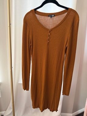 Fashion Nova Ribbed Long Sleeve Button-Front Dress in Rust Brown